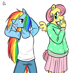 Size: 1280x1280 | Tagged: safe, artist:rwl, derpibooru import, fluttershy, rainbow dash, anthro, alternate hairstyle, armpits, bedroom eyes, biceps, blushing, clothes, cute, female, flirting, flutterdash, hoodie, jeans, lesbian, muscles, rainbuff dash, shipping, skirt, tanktop