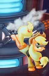 Size: 647x1000 | Tagged: applejack, artist:riznof, bucking, clothes, crossover, engineer, geordi laforge, percussive maintenance, ponified, safe, solo, spaceship, star trek, this will end in explosions, warp core