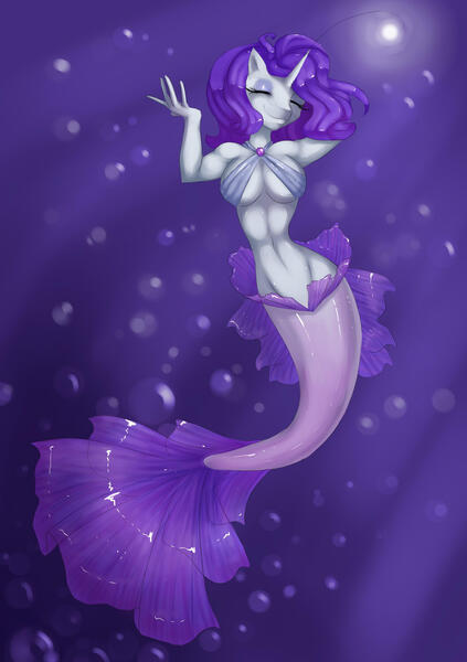 Size: 1896x2688 | Tagged: anthro, artist:misukitty, belly button, breasts, derpibooru import, female, mermaid, rarity, solo, solo female, suggestive, underboob, underwater