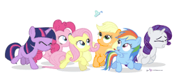 Size: 600x260 | Tagged: safe, artist:dm29, derpibooru import, applejack, fluttershy, pinkie pie, rainbow dash, rarity, twilight sparkle, butterfly, earth pony, pegasus, pony, unicorn, animated, cute, daaaaaaaaaaaw, dashabetes, diapinkes, female, filly, filly applejack, filly fluttershy, filly pinkie pie, filly rainbow dash, filly rarity, filly twilight sparkle, galloping, gif, hnnng, image, jackabetes, julian yeo is trying to murder us, mane six, mare, pronking, raribetes, running, scared, shyabetes, smiling, twiabetes, unicorn twilight, weapons-grade cute, younger