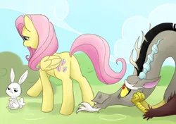Size: 714x504 | Tagged: safe, artist:norang94, derpibooru import, angel bunny, discord, fluttershy, draconequus, pegasus, pony, rabbit, animal, butt, discoshy, eyes on the prize, female, male, mare, plot, shipping, straight