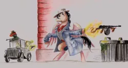 Size: 1200x645 | Tagged: safe, artist:adeptus-monitus, derpibooru import, oc, oc:arny nilson, unofficial characters only, car, gangsters, tommy gun, traditional art, watercolor painting