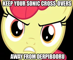 Size: 900x740 | Tagged: apple bloom, background pony strikes again, caption, crossover, derpibooru, drama, drama bait, image macro, meme, meta, mouthpiece, safe, solo, sonic drama, sonic the hedgehog, sonic the hedgehog (series), text