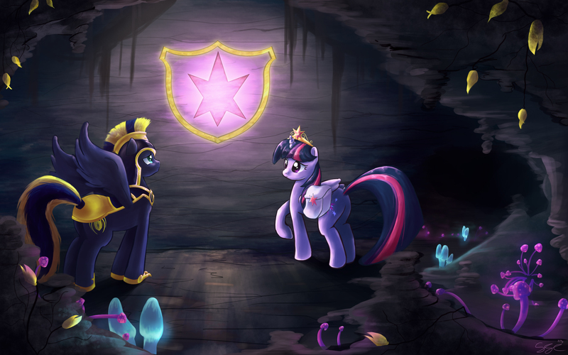 Size: 1920x1200 | Tagged: safe, artist:seyllah, derpibooru import, twilight sparkle, twilight sparkle (alicorn), oc, oc:zephyr, alicorn, pegasus, pony, cave, duo, female, glowing mushroom, male, mare, mushroom, stallion, twiphyr