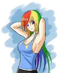 Size: 1000x1150 | Tagged: arm behind head, armpits, artist:zantyarz, breasts, busty rainbow dash, cleavage, clothes, derpibooru import, female, human, humanized, light skin, looking at you, rainbow dash, safe, shirt, sideboob, simple background, solo, sports, sports outfit, tanktop, transparent background, t-shirt