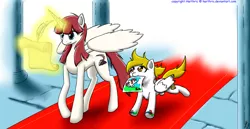 Size: 1980x1020 | Tagged: safe, artist:harthric, derpibooru import, oc, oc:fausticorn, unofficial characters only, alicorn, pegasus, pony, alicorn oc, doodle, drawing, feather, lauren faust, magic, mouth hold, paper, quill, scroll, telekinesis