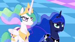 Size: 1280x720 | Tagged: safe, derpibooru import, princess celestia, princess luna, alicorn, pony, princess twilight sparkle (episode), angry, animated, bag, blinking, bruised, celestia is not amused, chestplate, crown, duo, ethereal mane, ethereal tail, female, flowing mane, flowing tail, folded wings, frown, glare, jewelry, looking up, luna is not amused, mare, multicolored mane, plunder seeds, regalia, royal sisters, saddle bag, siblings, sisters, unamused, wings