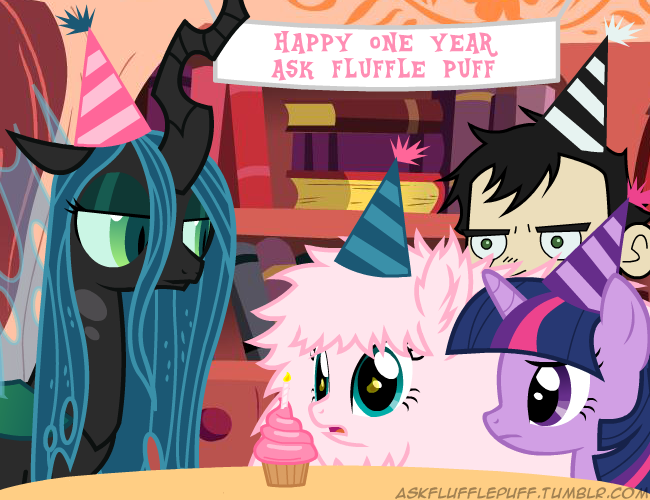 Size: 650x500 | Tagged: anniversary, artist:mixermike622, candle, cupcake, dan, dan vs, derpibooru import, hat, oc, oc:fluffle puff, party hat, queen chrysalis, safe, tumblr, tumblr:ask fluffle puff, twilight sparkle