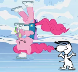 Size: 572x524 | Tagged: charles m schulz, christmas, clothes, cropped, derpibooru import, edit, edited screencap, ice skates, ice skating, peanuts, pinkie pie, safe, screencap, snoopy, snow, spike, twilight sparkle, vest, winter, winter wrap up, winter wrap up vest