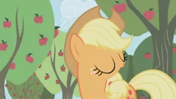 Size: 500x281 | Tagged: animation error, apple, applebuck season, applejack, derpibooru import, glitch, great moments in animation, no mouth, safe, screencap, solo, tree, wat