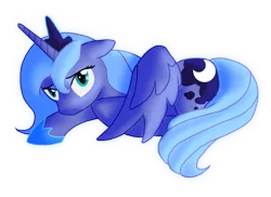 Size: 1355x986 | Tagged: artist:ingratate, derpibooru import, friendship is magic, looking at you, princess luna, prone, s1 luna, safe, simple background, solo