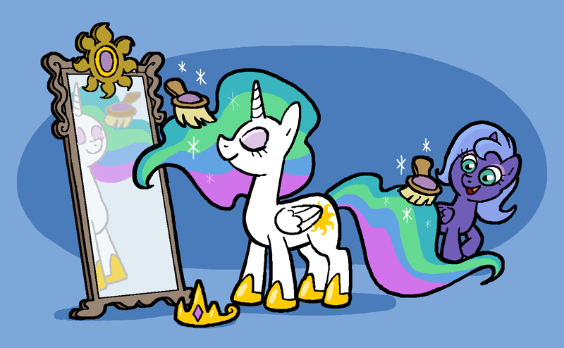 Size: 800x494 | Tagged: safe, artist:shuffle001, derpibooru import, princess celestia, princess luna, brush, brushing, brushing tail, filly, image, jpeg, mirror, woona