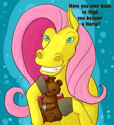 Size: 967x1058 | Tagged: safe, artist:kawaiifluttershy, derpibooru import, fluttershy, bear, horse, pony, 420, bong, dexterous hooves, drug use, drugs, female, grin, hoers, lighter, looking at you, smiling, solo, wat