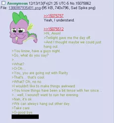 Size: 412x448 | Tagged: safe, derpibooru import, spike, 4chan, anon in equestria, feels, greentext, /mlp/, rejection is magic, sad, text