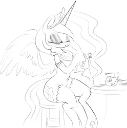 Size: 1265x1277 | Tagged: artist:zev, belly button, derpibooru import, eyes closed, eyeshadow, grayscale, monochrome, princess celestia, safe, smiling, solo, spread wings, stockings, tea, teacup