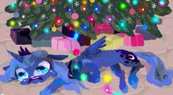 Size: 639x354 | Tagged: artist:cygaj, christmas tree, crying, derpibooru import, lying down, princess luna, semi-grimdark, solo, tree, youtube link