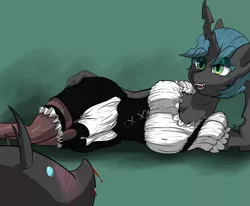 Size: 4000x3300 | Tagged: anthro, artist:infernalbeggar, breasts, changeling, changeling oc, cleavage, clothes, derpibooru import, female, maid, nosebleed, oc, solo, solo female, suggestive, sultry pose, unofficial characters only