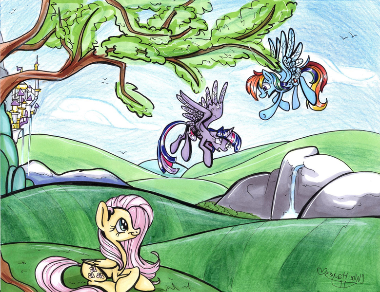 Size: 2202x1696 | Tagged: safe, artist:frostykat13, derpibooru import, fluttershy, rainbow dash, twilight sparkle, twilight sparkle (alicorn), alicorn, pony, canterlot, female, flying, frown, mare, smiling, spread wings, traditional art, tree, watching