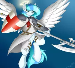 Size: 1280x1164 | Tagged: safe, artist:colarix, derpibooru import, oc, oc:colarix, unofficial characters only, pegasus, pony, armor, bipedal, clothes, costume, halberd, polearm, shield, solo, tumblr