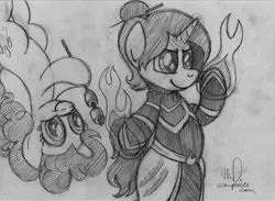 Size: 3300x2414 | Tagged: artist:drawponies, avatar the last airbender, azula, crossover, derpibooru import, fire-bending, marshmallow, marshmallows, monochrome, pinkie pie, ponified, safe, smiling, stick