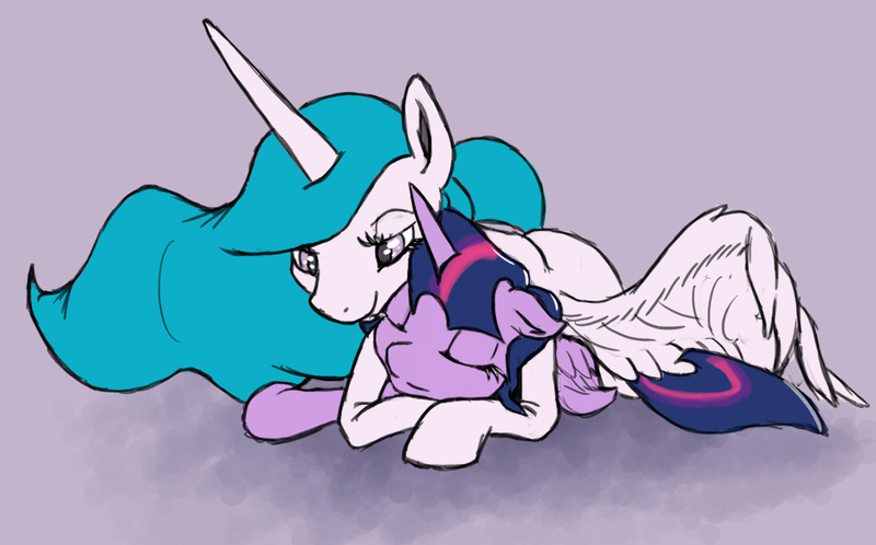 Size: 1125x700 | Tagged: safe, artist:untiltheballoons, derpibooru import, princess celestia, twilight sparkle, twilight sparkle (alicorn), alicorn, pony, cuddlestia, cuddling, eyes closed, hug, momlestia, prone, sleeping, smiling, snuggling