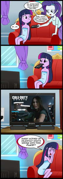 Size: 713x2000 | Tagged: safe, artist:madmax, derpibooru import, edit, rarity, twilight sparkle, ghost, equestria girls, call of duty, call of duty ghosts, comic, exploitable meme, megan fox, meme, obligatory pony, television, text, tv meme, video game, what's wrong with this place
