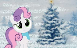 Size: 1280x800 | Tagged: artist:pieski, christmas, clothes, derpibooru import, safe, scarf, snow, solo, sweetie belle, winter