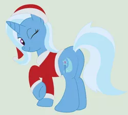 Size: 1024x923 | Tagged: dead source, safe, artist:dr-whiskey, artist:grumblepluck, derpibooru import, trixie, pony, unicorn, clothes, female, hat, mare, plot, santa costume, santa hat, simple background, solo, trace, wink