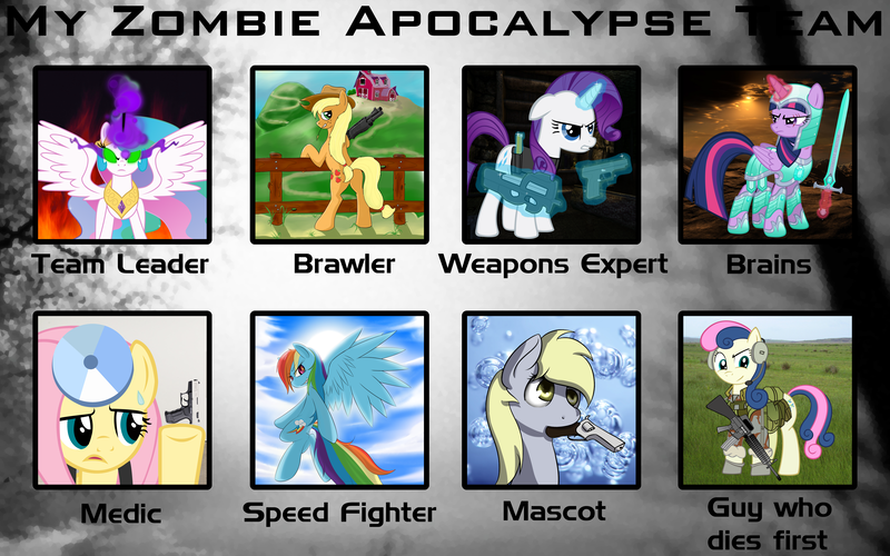 Size: 4096x2560 | Tagged: safe, artist:a4r91n, artist:buckweiser, artist:cyb3rwaste, artist:kramze, artist:neuro, artist:phon-e, artist:thatsgrotesque, derpibooru import, applejack, bon bon, derpy hooves, fluttershy, princess celestia, rainbow dash, rarity, sweetie drops, twilight sparkle, twilight sparkle (alicorn), alicorn, pony, zombie, apocalypse, female, glowing eyes, gun, mare, meme, palindrome get, sword, weapon, zombie apocalypse team