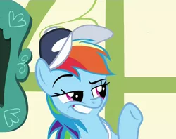 Size: 1354x1075 | Tagged: derpibooru import, dreamworks face, flight to the finish, grin, hat, rainbow dash, safe, screencap, smug, solo, whistle