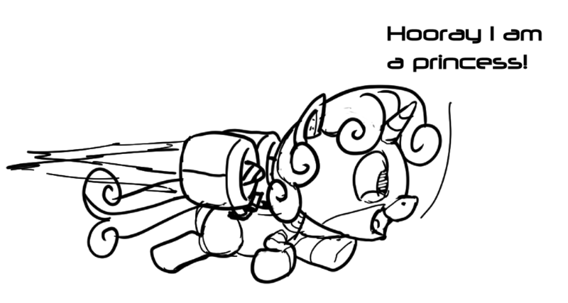 Size: 960x512 | Tagged: safe, artist:snapai, derpibooru import, sweetie belle, alicorn, pony, robot, unicorn, alicornified, black and white, comic, female, filly, flying, foal, grayscale, hooves, horn, jet engine, jetpack, monochrome, open mouth, race swap, simple background, solo, sweetie bot, sweetiecorn, text, white background, xk-class end-of-the-world scenario