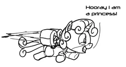 Size: 960x512 | Tagged: safe, artist:snapai, derpibooru import, sweetie belle, alicorn, pony, robot, unicorn, alicornified, black and white, comic, female, filly, flying, foal, grayscale, hooves, horn, jet engine, jetpack, monochrome, open mouth, race swap, simple background, solo, sweetie bot, sweetiecorn, text, white background, xk-class end-of-the-world scenario