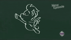 Size: 480x270 | Tagged: animated, chalkboard, derpibooru import, flight to the finish, hubble, hub logo, juggling, lobster, lobster juggling, ms. harshwhinny, rarity, safe, the hub