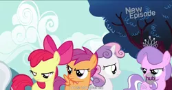 Size: 1151x608 | Tagged: apple bloom, cutie mark crusaders, derpibooru import, diamond tiara, flight to the finish, hub logo, meme, safe, scootaloo, screencap, silver spoon, sweetie belle, youtube caption