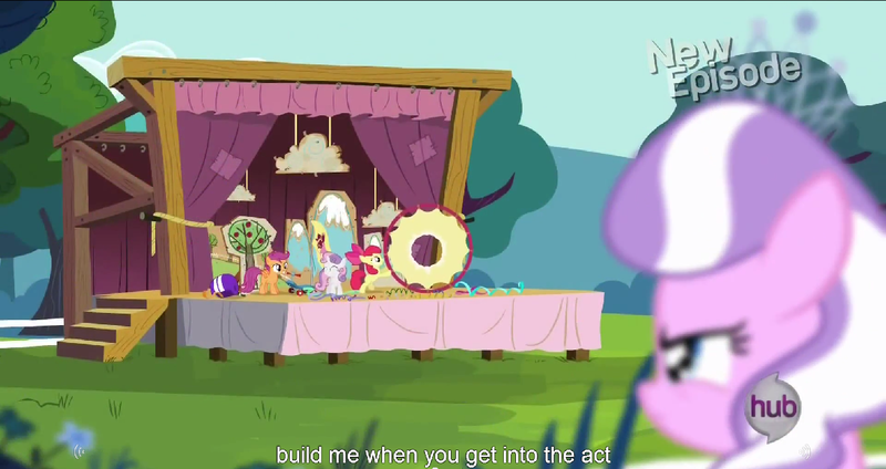 Size: 1152x610 | Tagged: apple bloom, cutie mark crusaders, derpibooru import, diamond tiara, flight to the finish, hub logo, meme, safe, scootaloo, screencap, sweetie belle, youtube caption