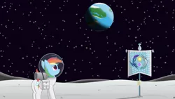 Size: 1191x670 | Tagged: artist:joey, astrodash, astronaut, clothes, equestrian flag, flag, hilarious in hindsight, moon, planet, rainbow dash, saddle bag, safe, solo, space, spacesuit