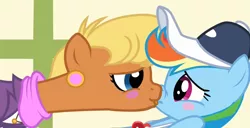 Size: 1366x702 | Tagged: blushing, boop, clothes, dashwhinny, derpibooru import, earring, edit, edited screencap, female, flight to the finish, hat, lesbian, licking, ms. harshwhinny, neckerchief, noseboop, piercing, rainbow dash, screencap, shipping, smiling, suggestive