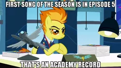 Size: 640x360 | Tagged: academy record, caption, derpibooru import, desk, image macro, meme, office, safe, solo, spitfire, window, wonderbolts academy