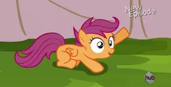 Size: 1354x686 | Tagged: safe, derpibooru import, screencap, scootaloo, flight to the finish, bad idea scootaloo, hub logo, idea, solo