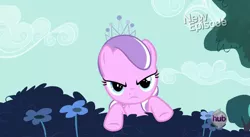 Size: 1401x768 | Tagged: safe, derpibooru import, screencap, diamond tiara, flight to the finish, season 4, hub logo, solo