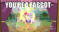 Size: 622x342 | Tagged: apple bloom, cutie mark crusaders, derpibooru import, flight to the finish, image macro, safe, scootaloo, slur, sweetie belle, vulgar