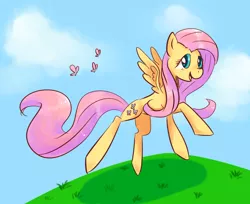 Size: 978x800 | Tagged: artist:kemonomo, butterfly, derpibooru import, fluttershy, flying, looking at you, open mouth, pixiv, running, safe, smiling, solo, spread wings