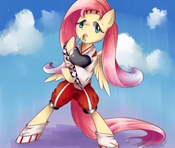 Size: 950x800 | Tagged: safe, artist:kemonomo, derpibooru import, fluttershy, pony, archery, bipedal, clothes, dressing, mouth hold, pixiv, solo