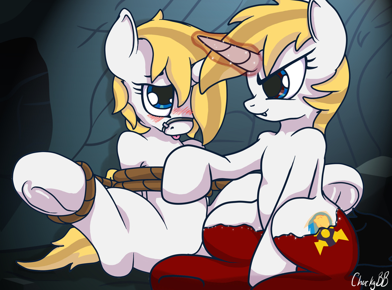 Size: 3165x2345 | Tagged: artist:mistydash, blushing, bondage, cute, derpibooru import, fangs, featureless crotch, fetish, gag, hoof fetish, hooves, misty dash, muzzle gag, oc, oc:misty dash, questionable, rope, selfcest, spread legs, tied, transformation, underhoof, unofficial characters only