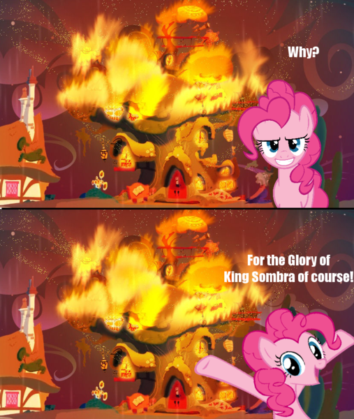 Size: 830x982 | Tagged: arson, betrayal, derpibooru import, fire, for the glory of satan, golden oaks library, image macro, kumamon, meme, pinkie pie, safe, solo, traitor