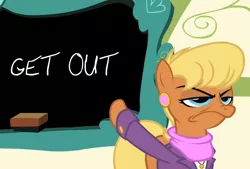 Size: 880x595 | Tagged: safe, derpibooru import, edit, ms. harshwhinny, earth pony, pony, flight to the finish, chalkboard, chalkboard meme, clothes, exploitable meme, female, frown, get out, glare, grumpy, mare, meme, ms. harshwhinny's professional chalkboard, pointing, solo, unamused