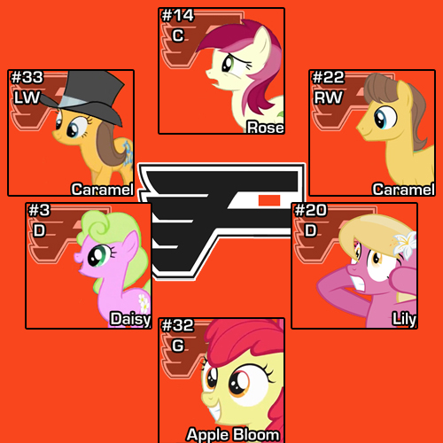 Size: 500x500 | Tagged: apple bloom, artist:doctorxfizzle, caramel, daisy, derpibooru import, flower wishes, hockey, lily, lily valley, nhl, philadelphia flyers, roseluck, safe