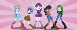 Size: 1024x406 | Tagged: safe, artist:partylikeanartist, derpibooru import, oc, oc:flipside, oc:indigo wire, oc:olive martini, oc:roiling steam, oc:tory equis, unofficial characters only, equestria girls, crossed arms, dancing, group, helping twilight win the crown, sunburst background