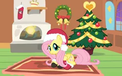 Size: 1680x1050 | Tagged: safe, artist:doctor-g, derpibooru import, fluttershy, christmas stocking, christmas tree, clothes, hat, santa costume, santa hat, solo, stockings, tree