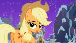 Size: 1280x720 | Tagged: applejack, artist:pieski, bedroom eyes, christmas, derpibooru import, looking at you, safe, snow, snowfall, solo, winter